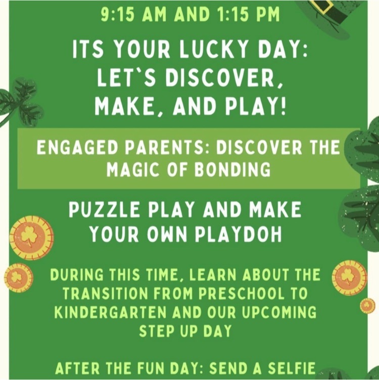 Discover, Make, & Play Playgroup & Kindergarten Readiness Transition informational. Friday, March 24th at either 9:15am or 1:15pm session. Save the date, & submit an RSVP to solidify you and your child’s spot! 