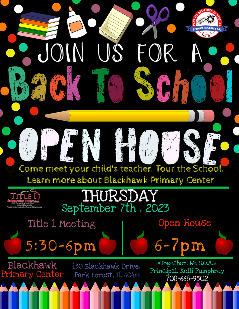 All families are invited to join us at our Title 1 Meeting on Thursday, September 7th, at 5:30. Our Open House is on Thursday, September 7, 2023, from 6:30-7:30 PM. We look forward to seeing you there!